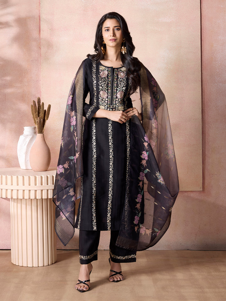 Black Semi-Silk Suit Set with Dupatta