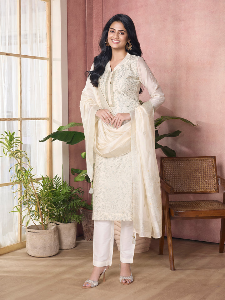 Ivory Semi-Silk Suit Set with Dupatta