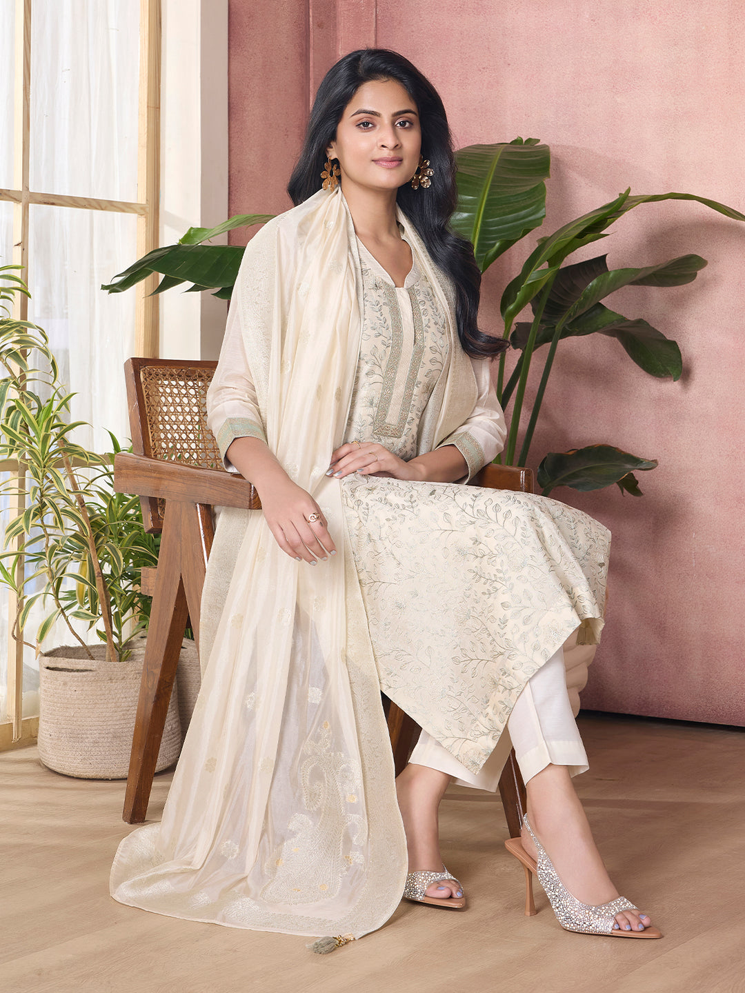 Ivory Semi-Silk Suit Set with Dupatta