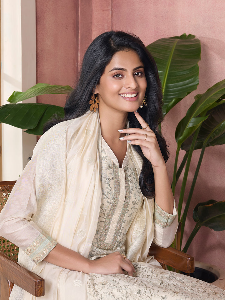 Ivory Semi-Silk Suit Set with Dupatta