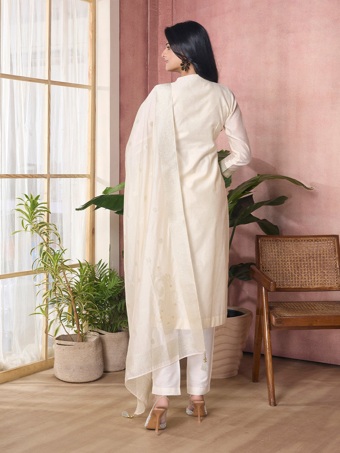Ivory Semi-Silk Suit Set with Dupatta