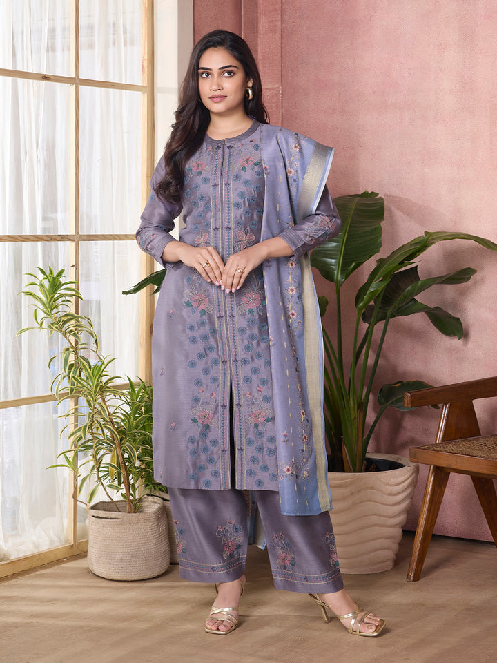 Smoky Lavender Semi-Silk Suit Set with Dupatta