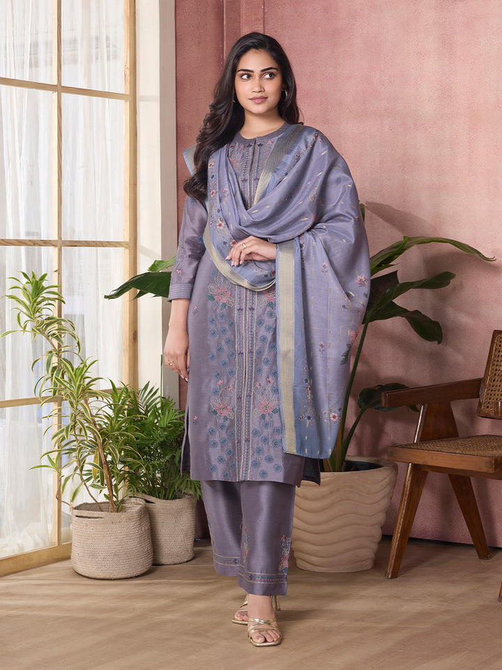 Smoky Lavender Semi-Silk Suit Set with Dupatta