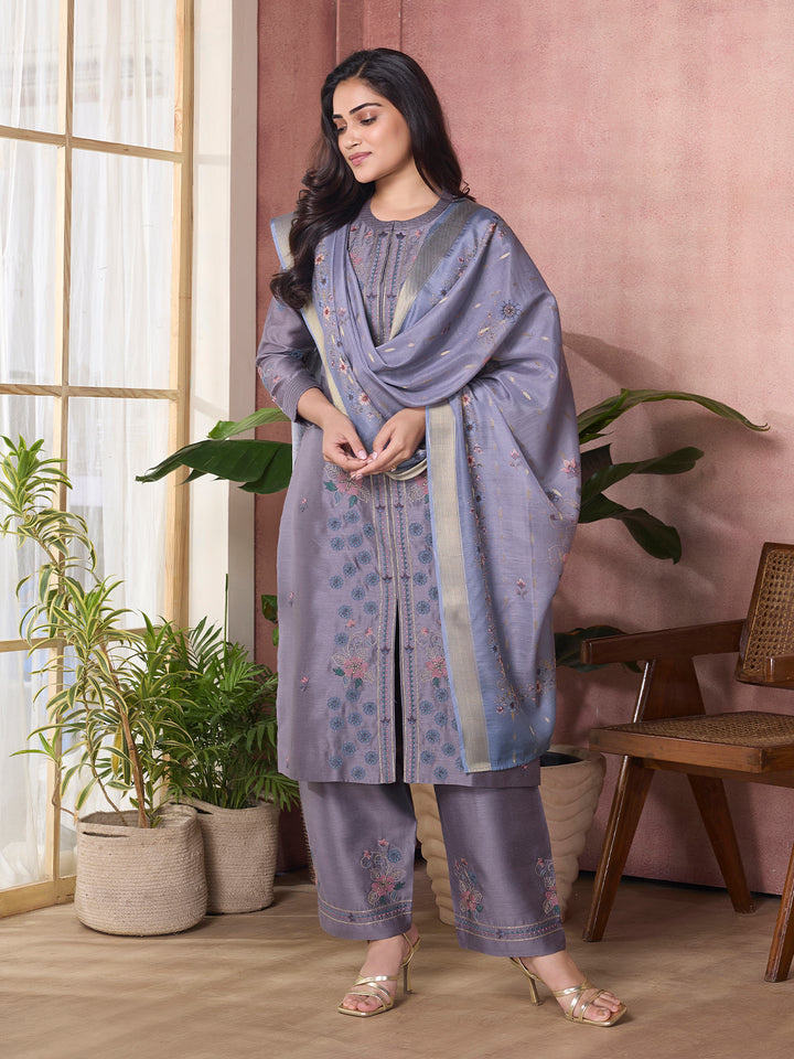 Smoky Lavender Semi-Silk Suit Set with Dupatta