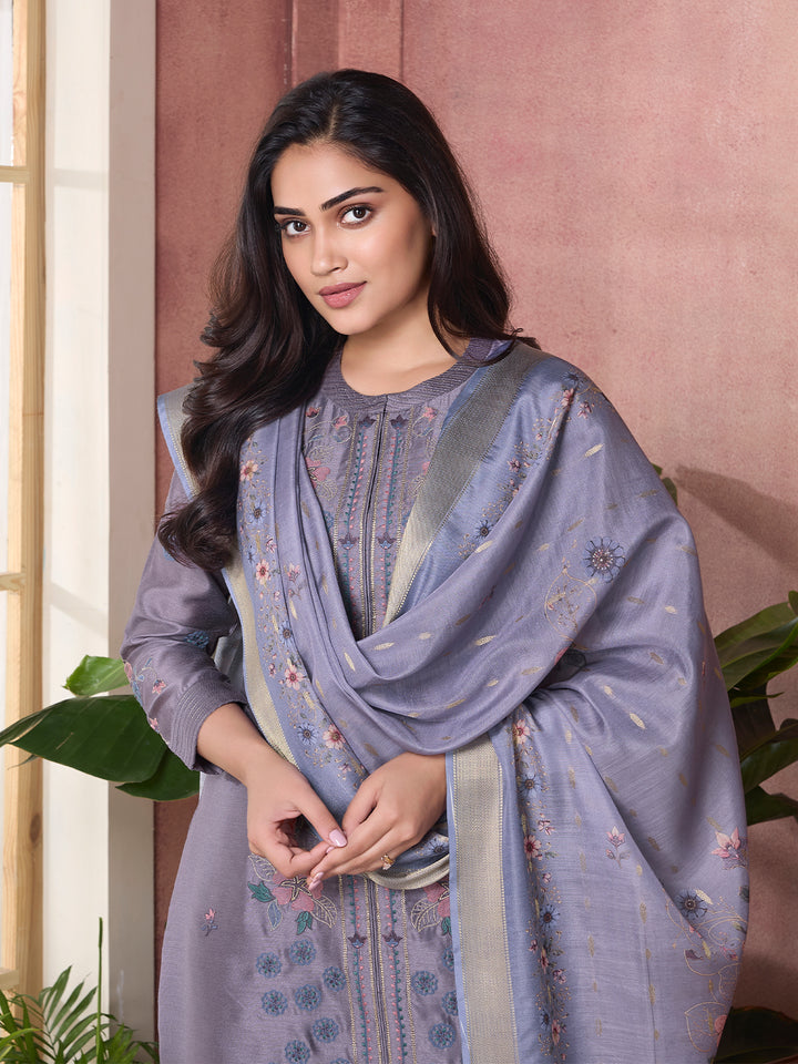 Smoky Lavender Semi-Silk Suit Set with Dupatta