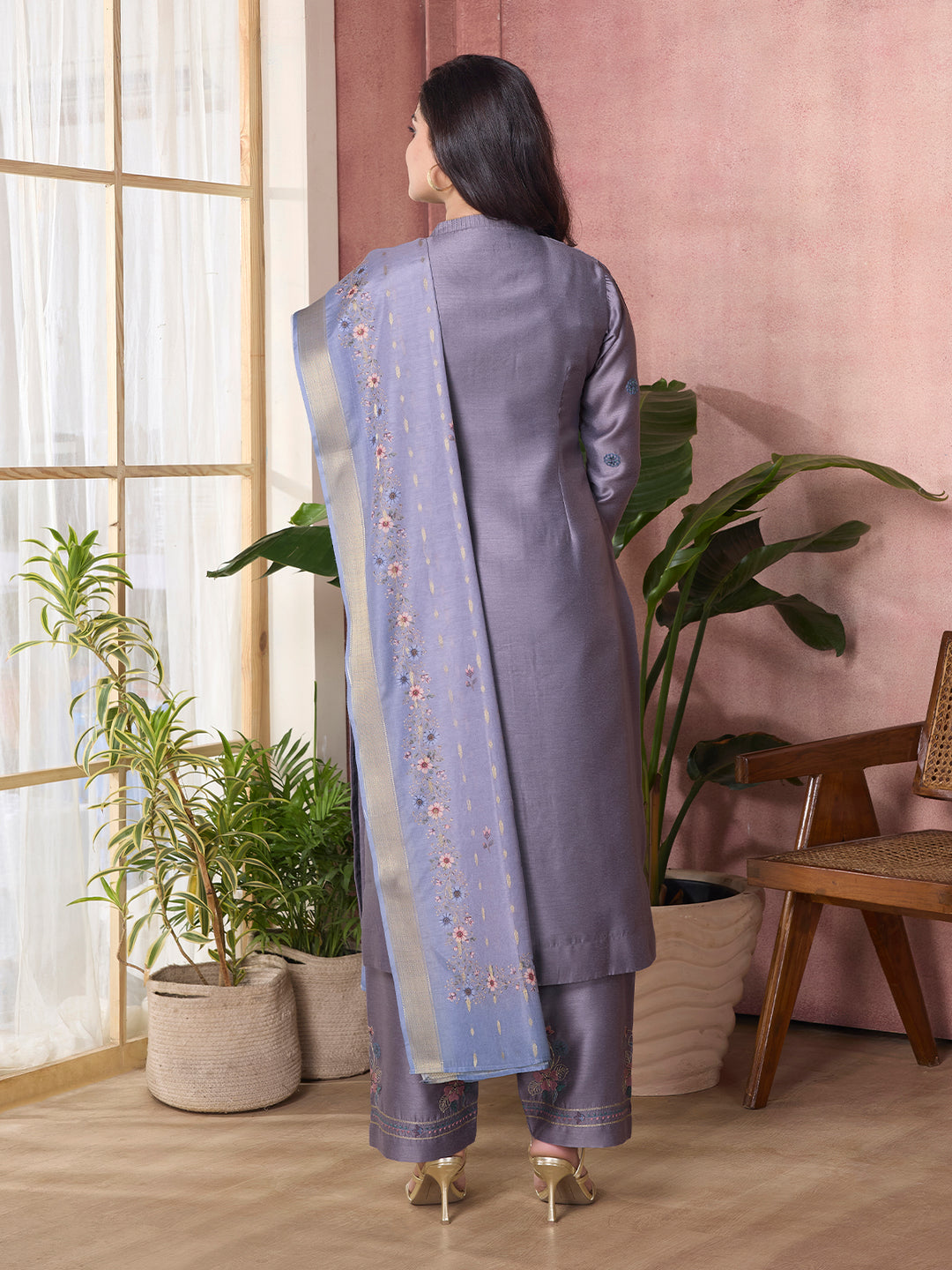 Smoky Lavender Semi-Silk Suit Set with Dupatta
