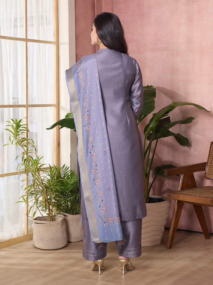 Smoky Lavender Semi-Silk Suit Set with Dupatta