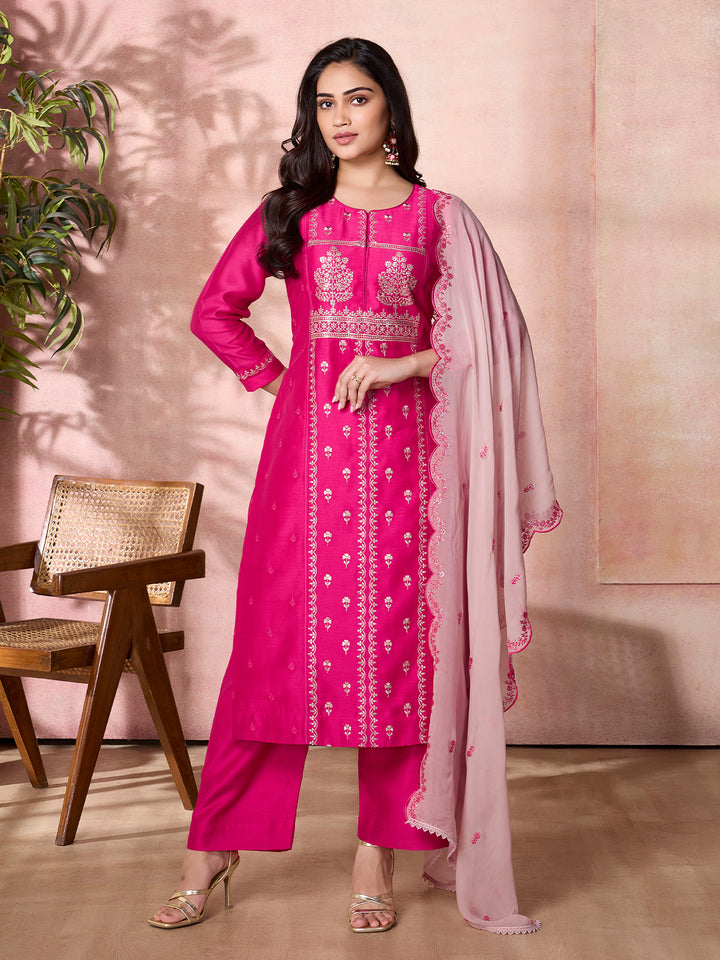 Fuchsia Pink Semi-Silk Suit Set with Dupatta