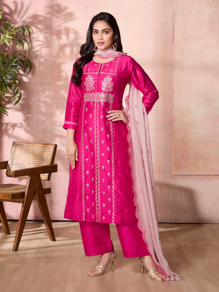 Fuchsia Pink Semi-Silk Suit Set with Dupatta
