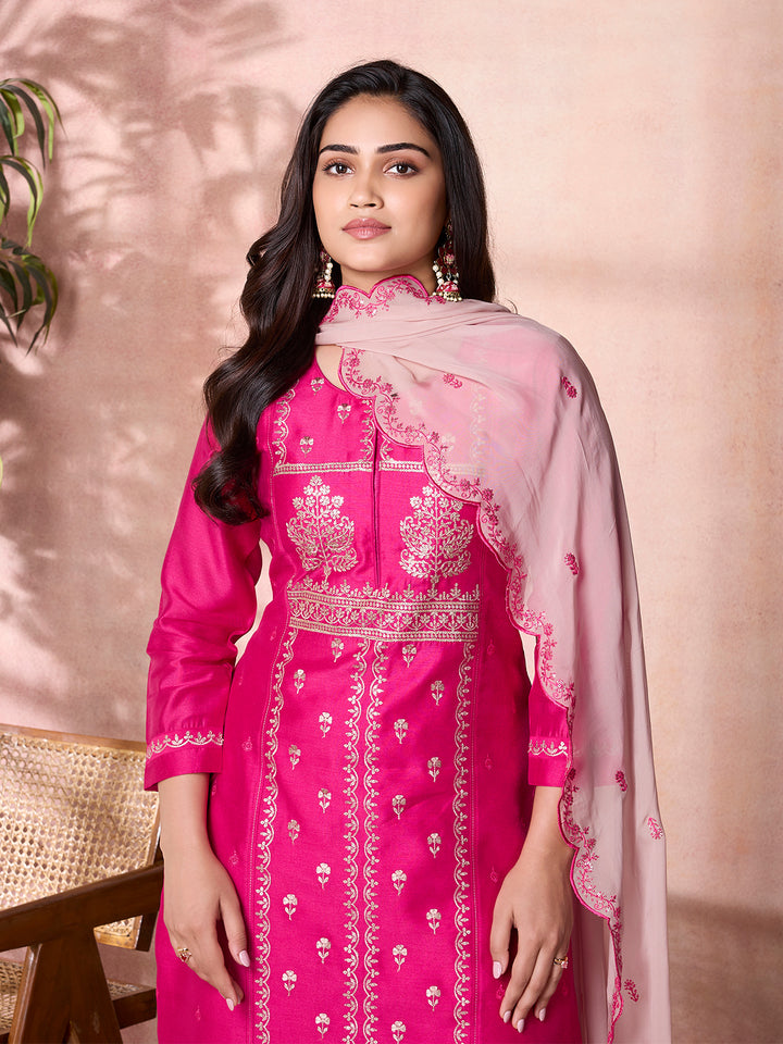 Fuchsia Pink Semi-Silk Suit Set with Dupatta
