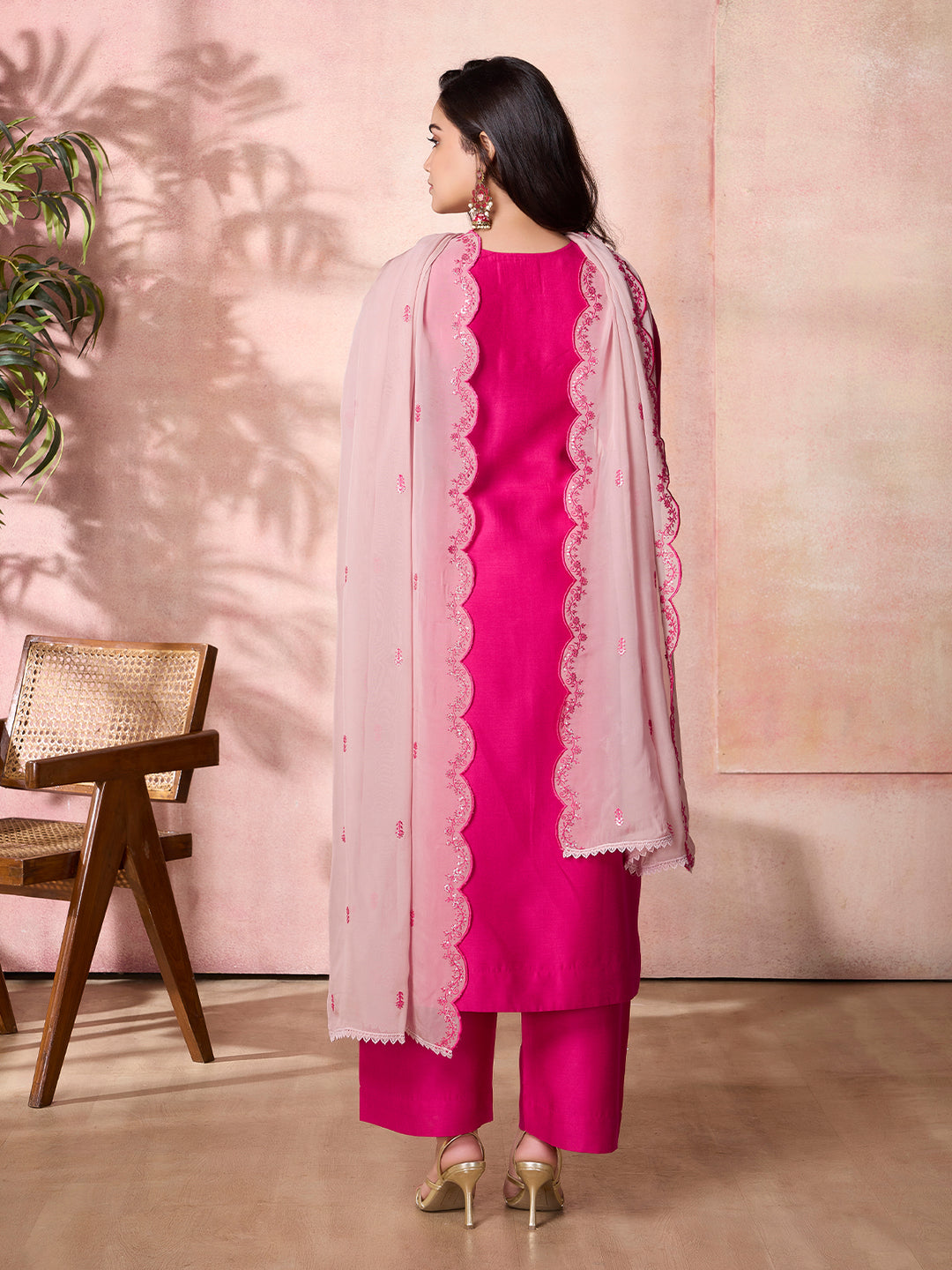 Fuchsia Pink Semi-Silk Suit Set with Dupatta