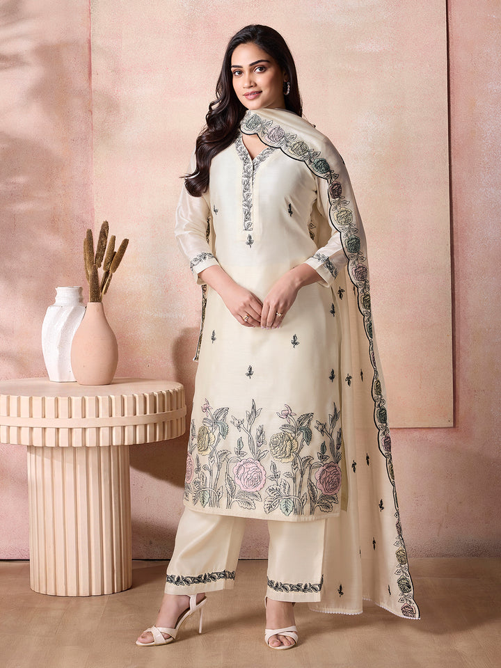 Ivory Semi-Silk Suit Set with Dupatta