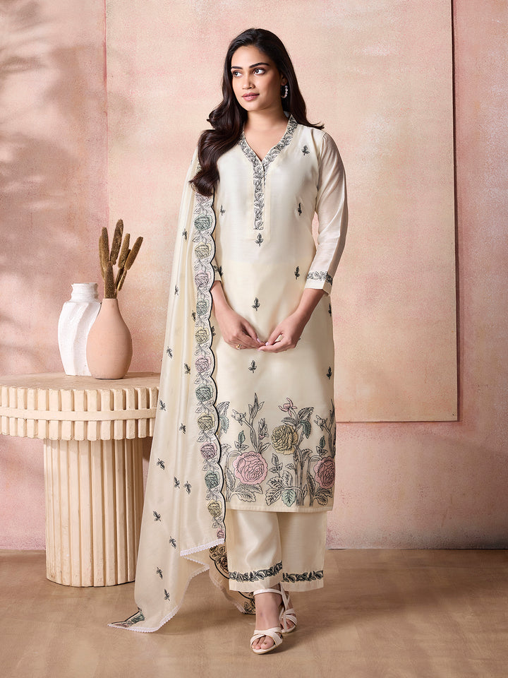 Ivory Semi-Silk Suit Set with Dupatta