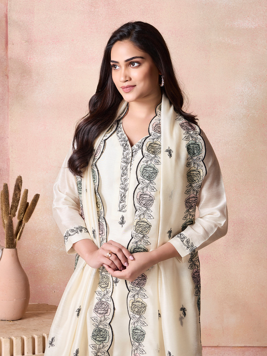 Ivory Semi-Silk Suit Set with Dupatta