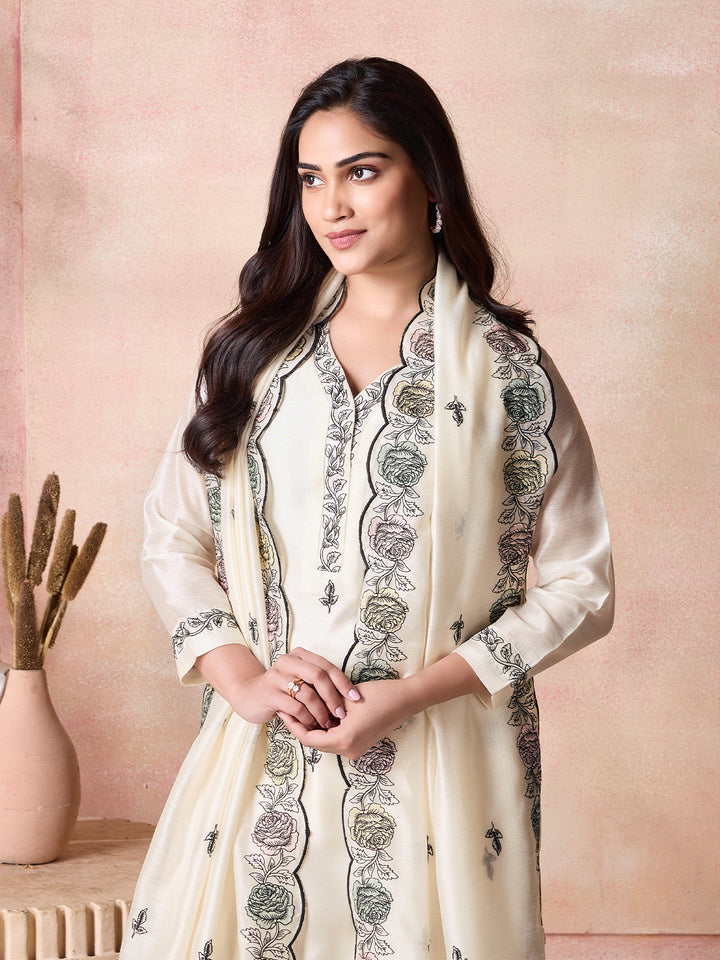 Ivory Semi-Silk Suit Set with Dupatta