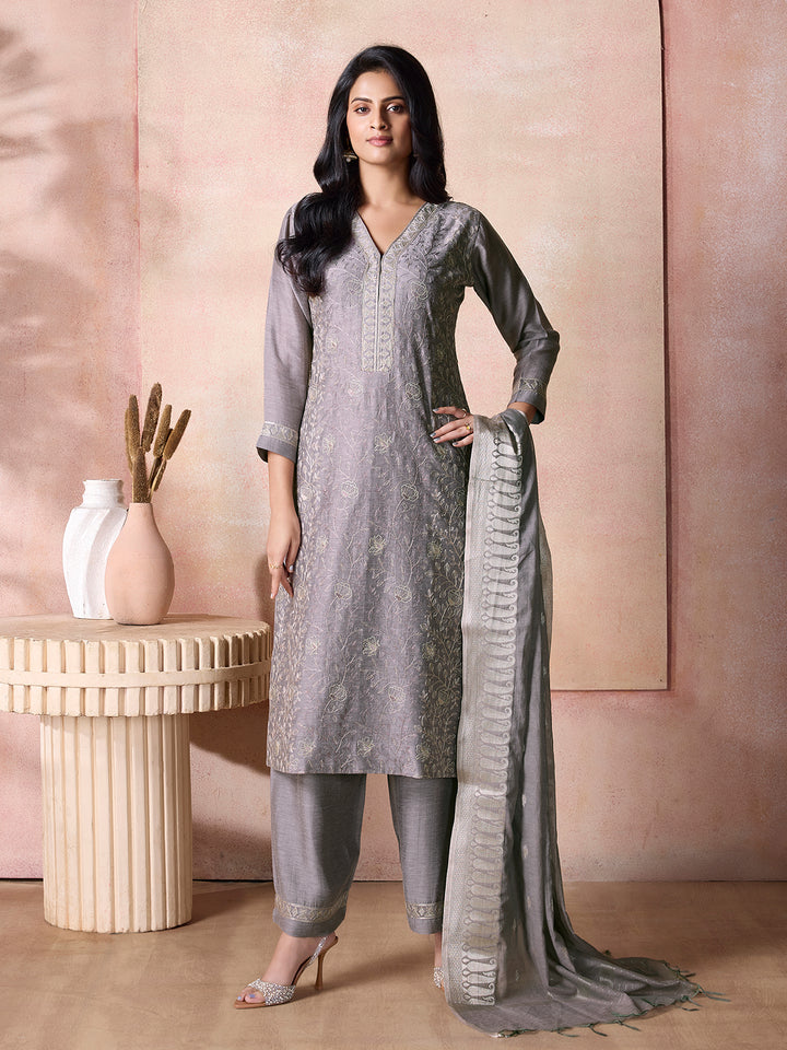 Grey Semi-Silk Suit Set with Dupatta