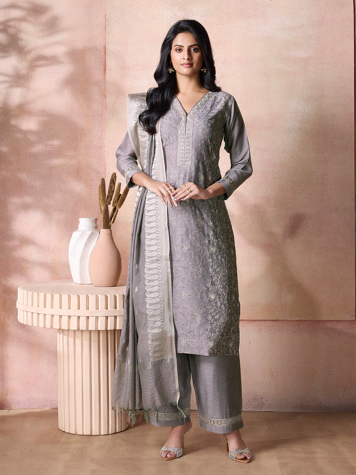 Grey Semi-Silk Suit Set with Dupatta