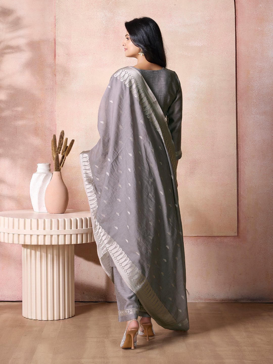 Grey Semi-Silk Suit Set with Dupatta