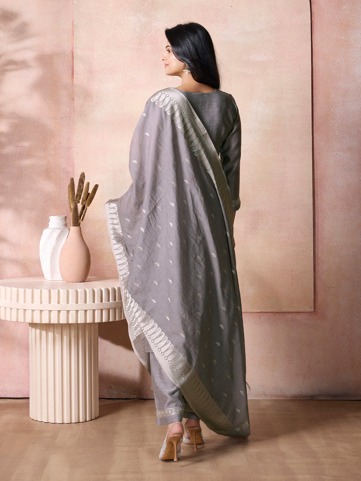 Grey Semi-Silk Suit Set with Dupatta