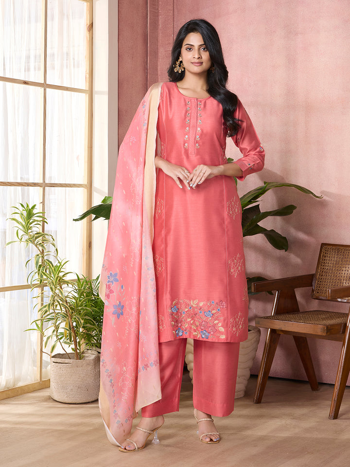 Coral Pink Semi-Silk Suit Set with Dupatta