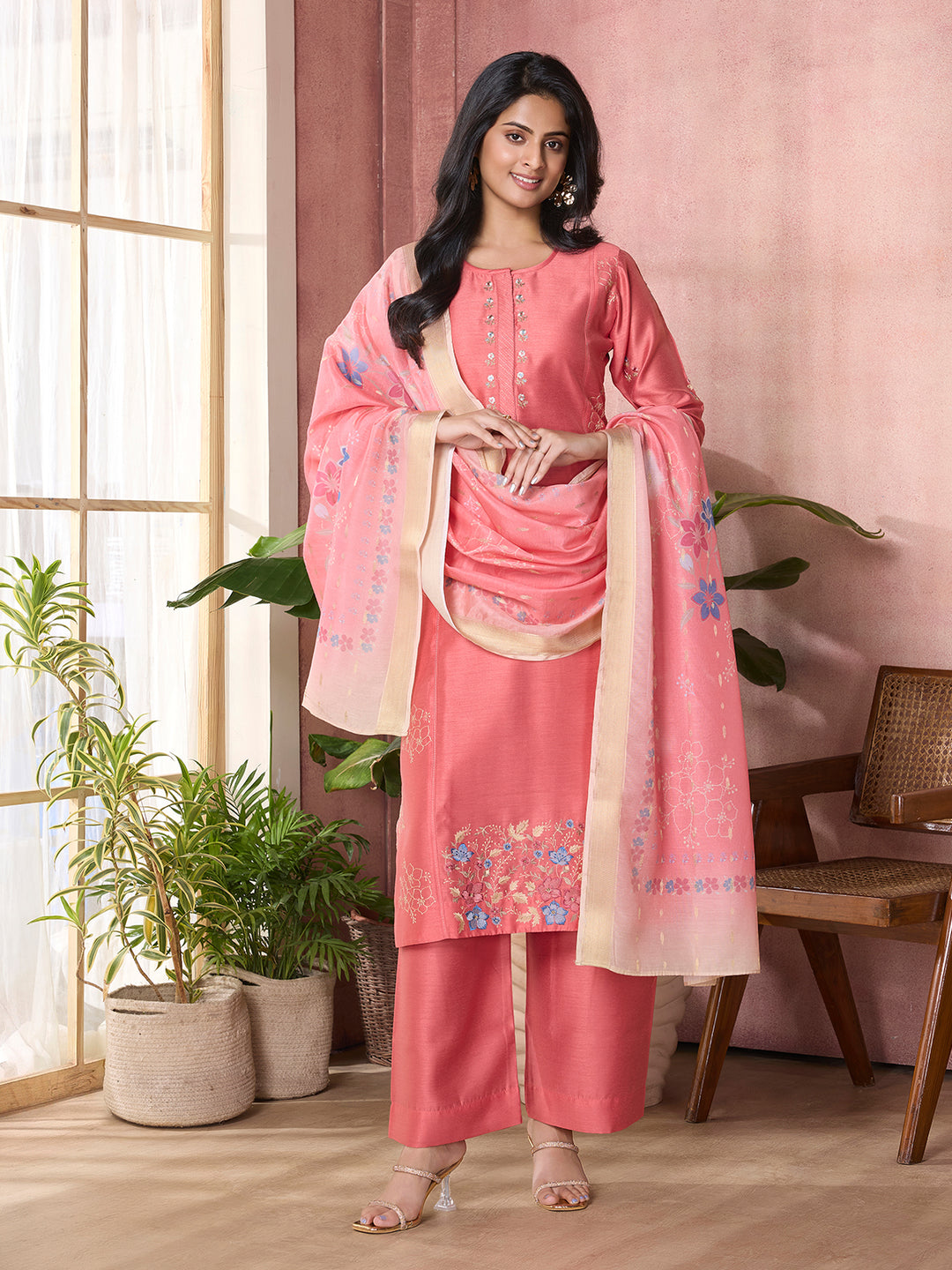 Coral Pink Semi-Silk Suit Set with Dupatta