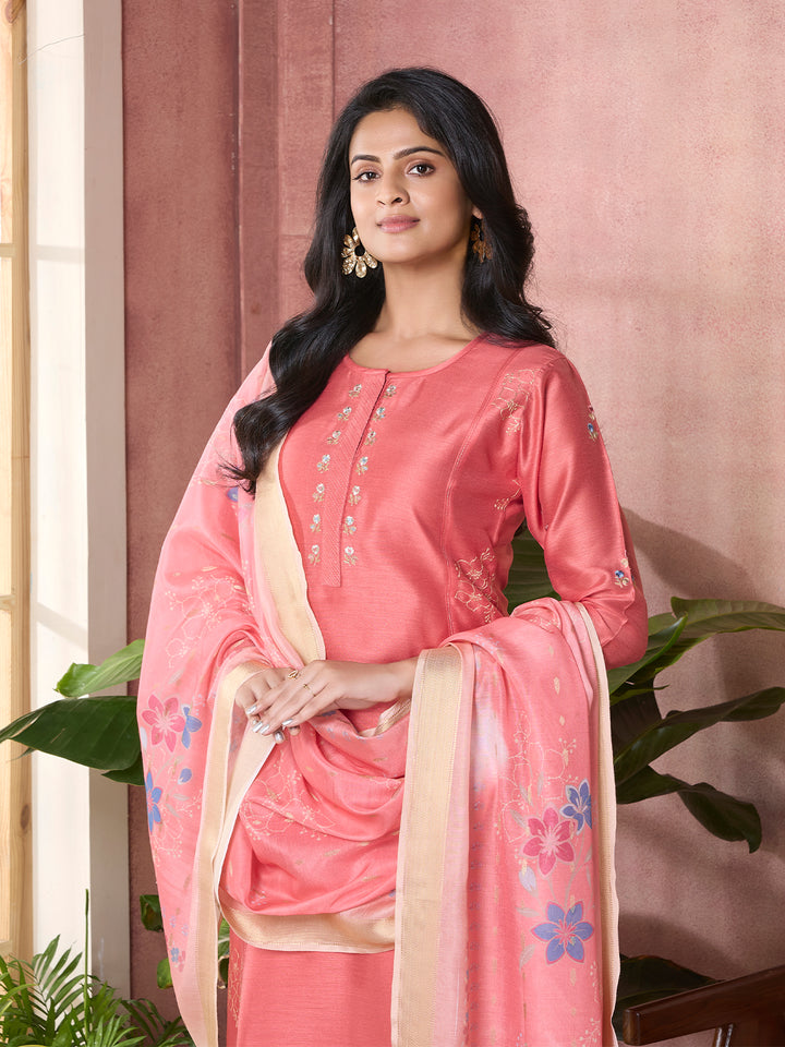Coral Pink Semi-Silk Suit Set with Dupatta