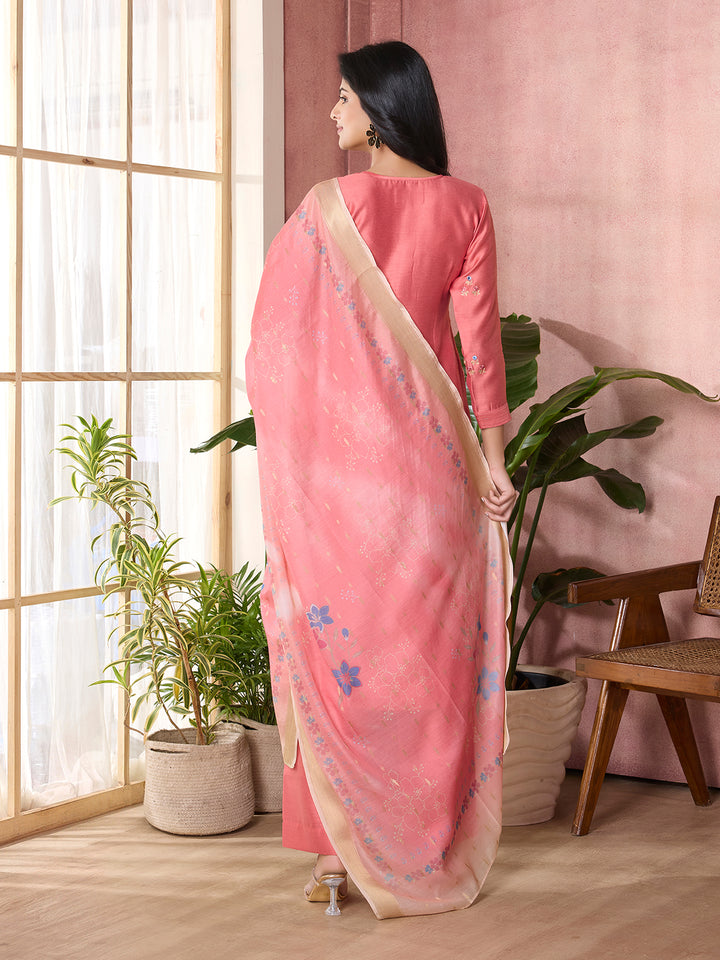 Coral Pink Semi-Silk Suit Set with Dupatta