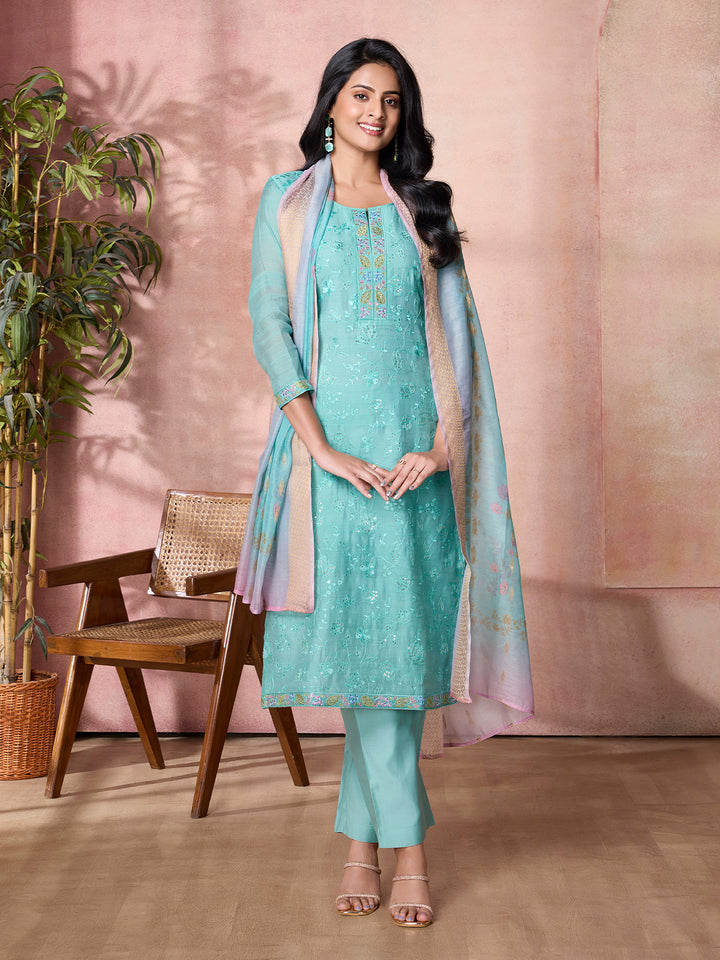 Aqua Blue Semi-Silk Suit Set with Dupatta