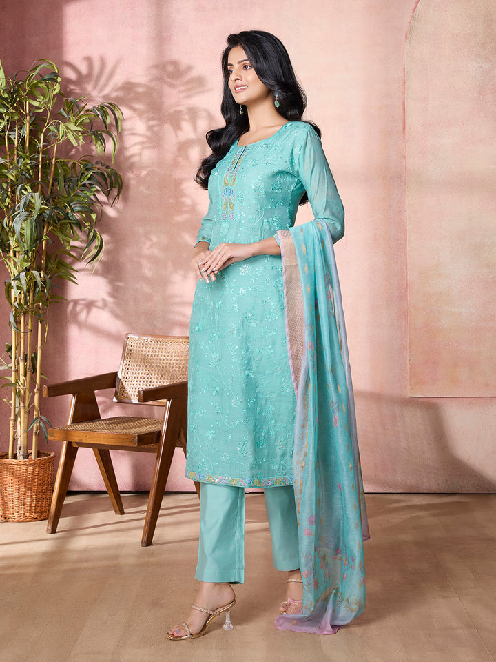 Aqua Blue Semi-Silk Suit Set with Dupatta