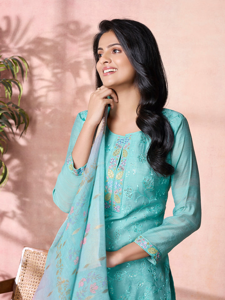 Aqua Blue Semi-Silk Suit Set with Dupatta