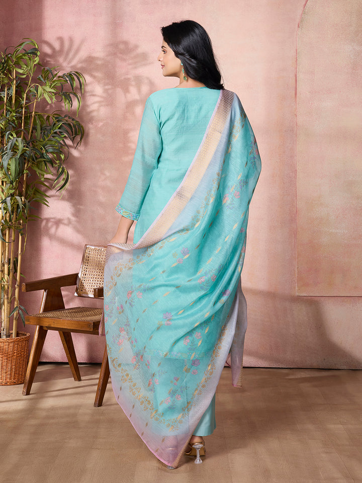 Aqua Blue Semi-Silk Suit Set with Dupatta