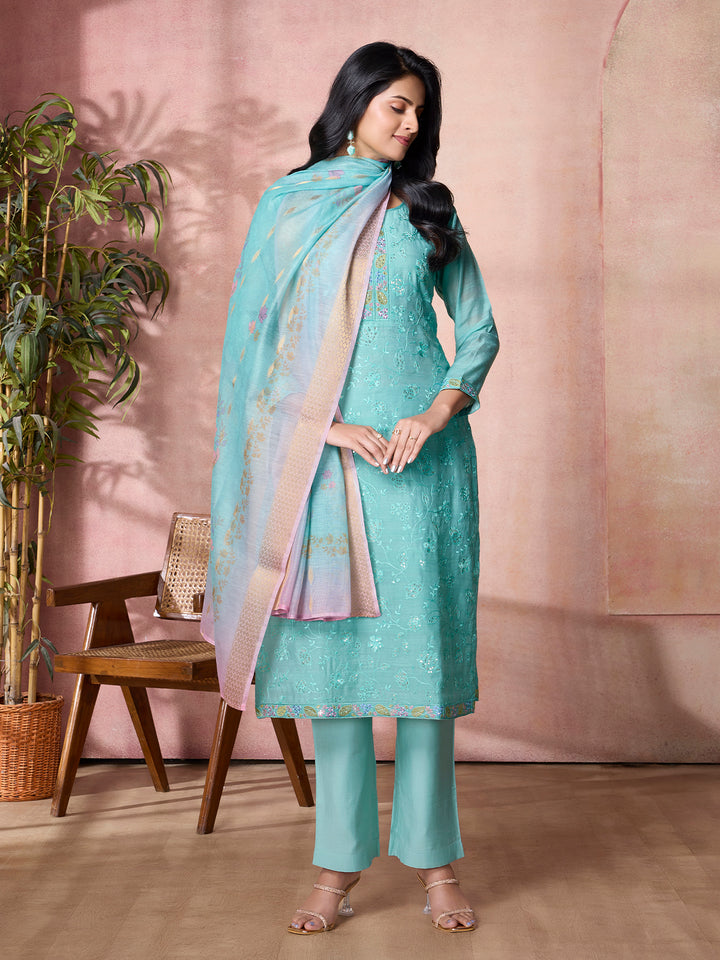 Aqua Blue Semi-Silk Suit Set with Dupatta