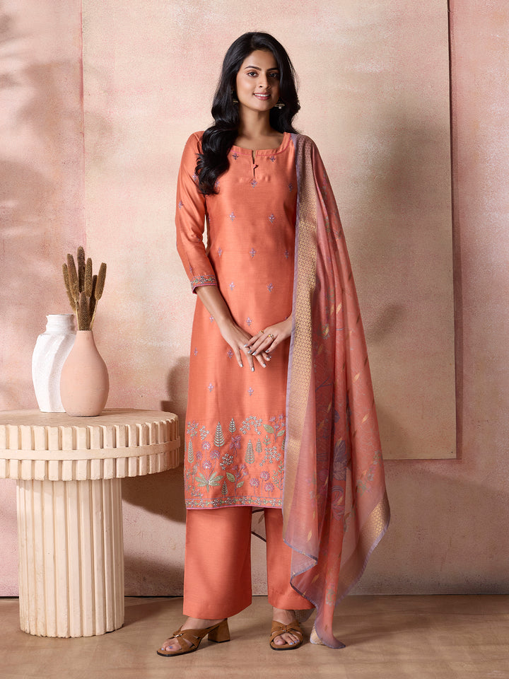 Burnt Orange Semi-Silk Suit Set with Dupatta