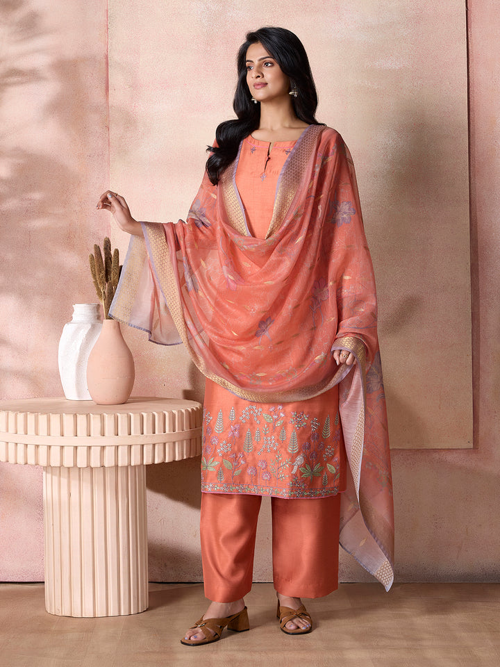 Burnt Orange Semi-Silk Suit Set with Dupatta