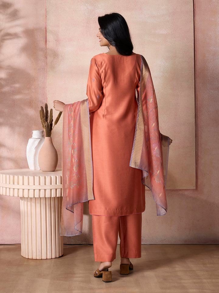 Burnt Orange Semi-Silk Suit Set with Dupatta