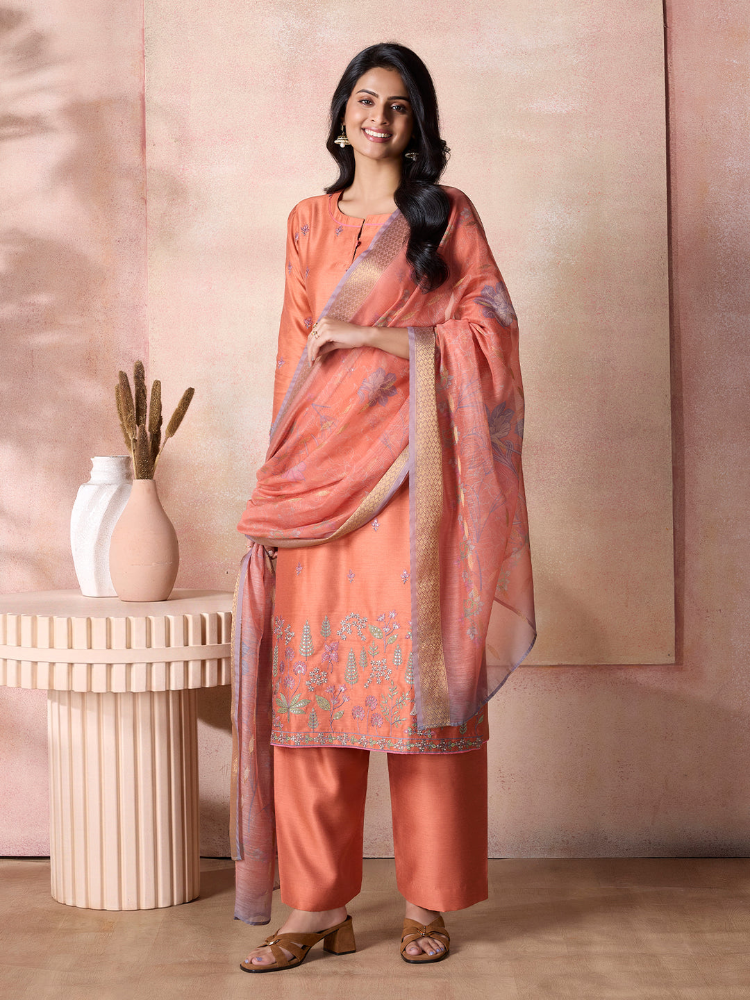 Burnt Orange Semi-Silk Suit Set with Dupatta