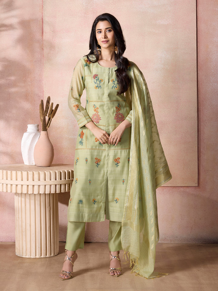 Green Semi-Silk Suit Set with Dupatta