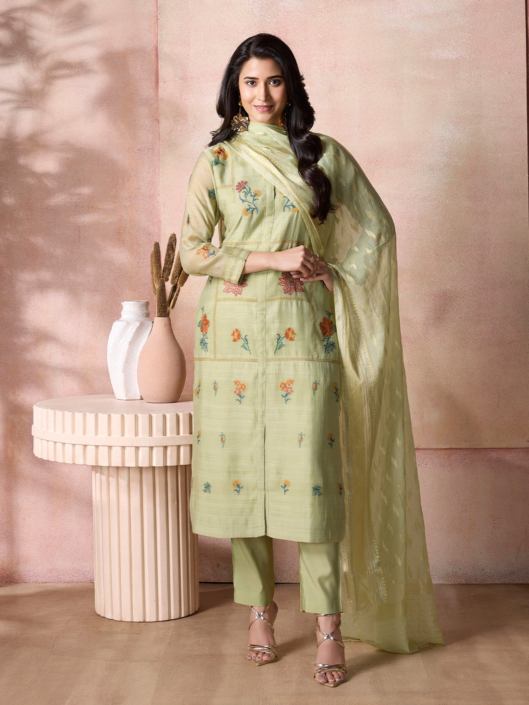 Green Semi-Silk Suit Set with Dupatta