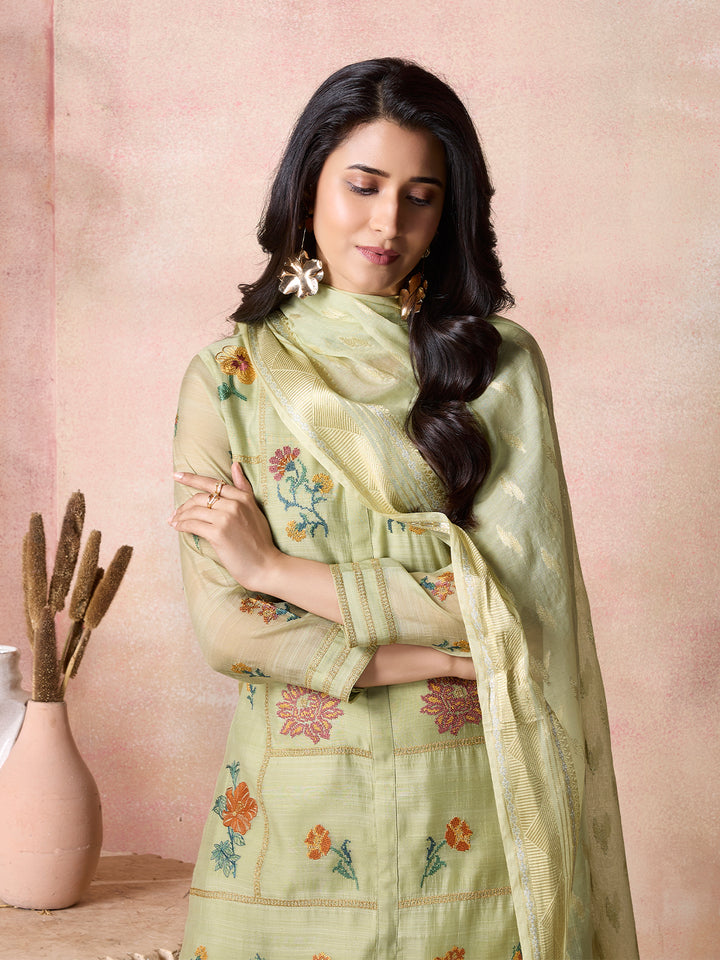Green Semi-Silk Suit Set with Dupatta