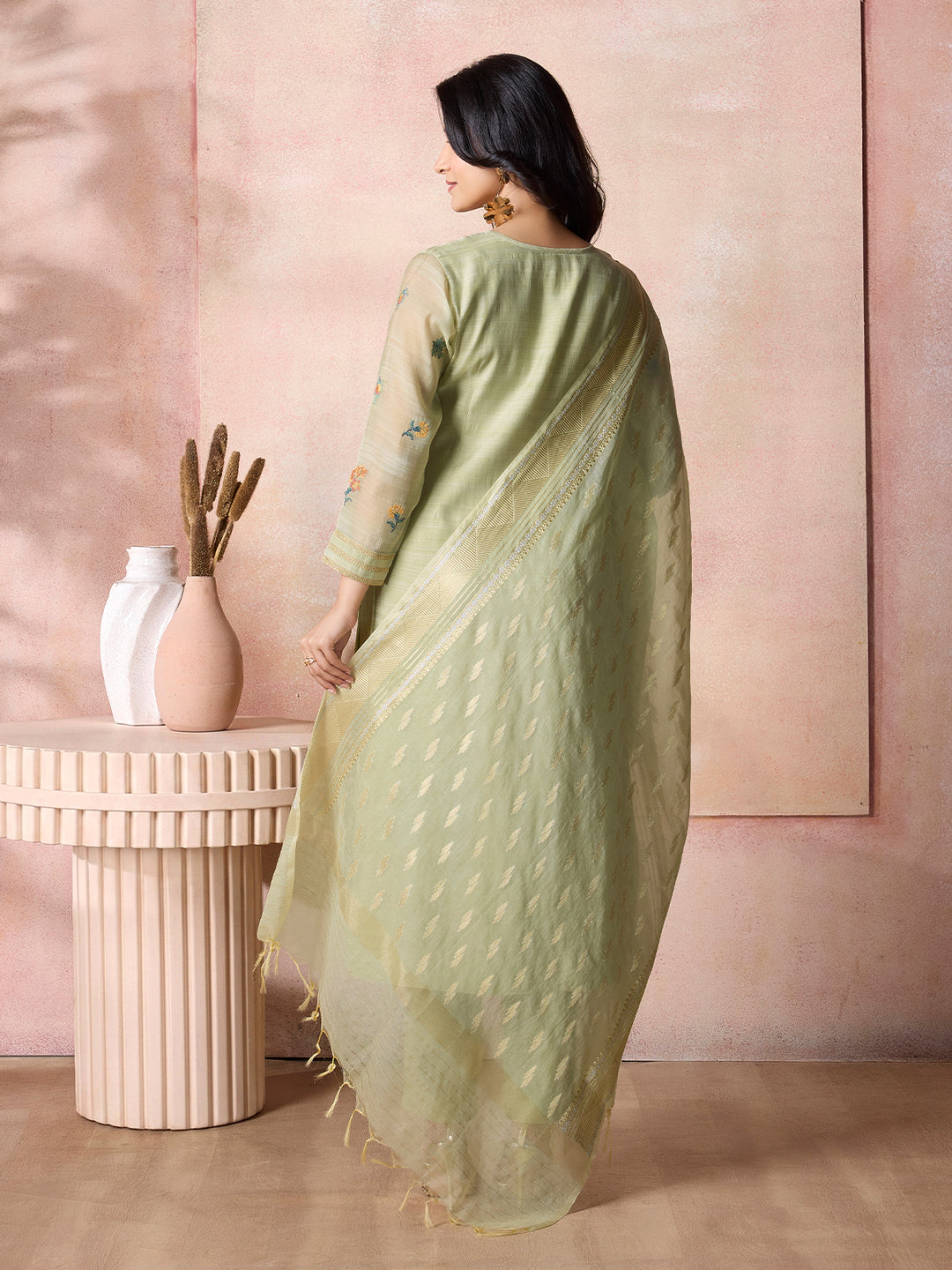 Green Semi-Silk Suit Set with Dupatta