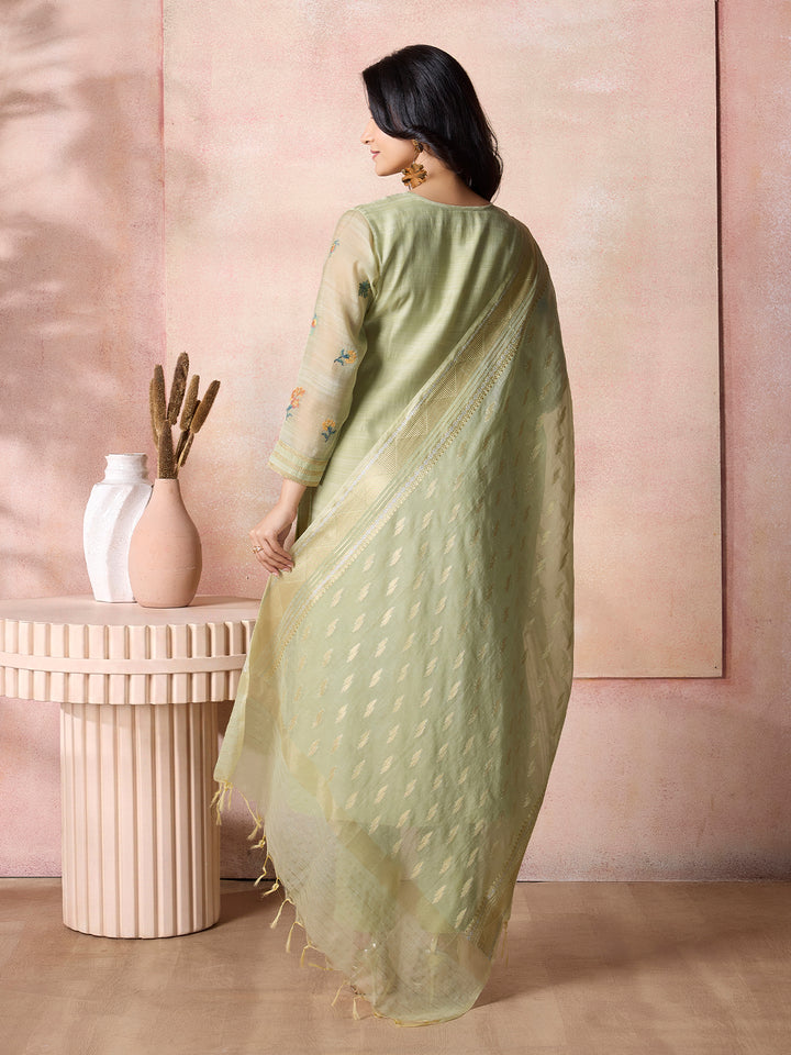 Green Semi-Silk Suit Set with Dupatta