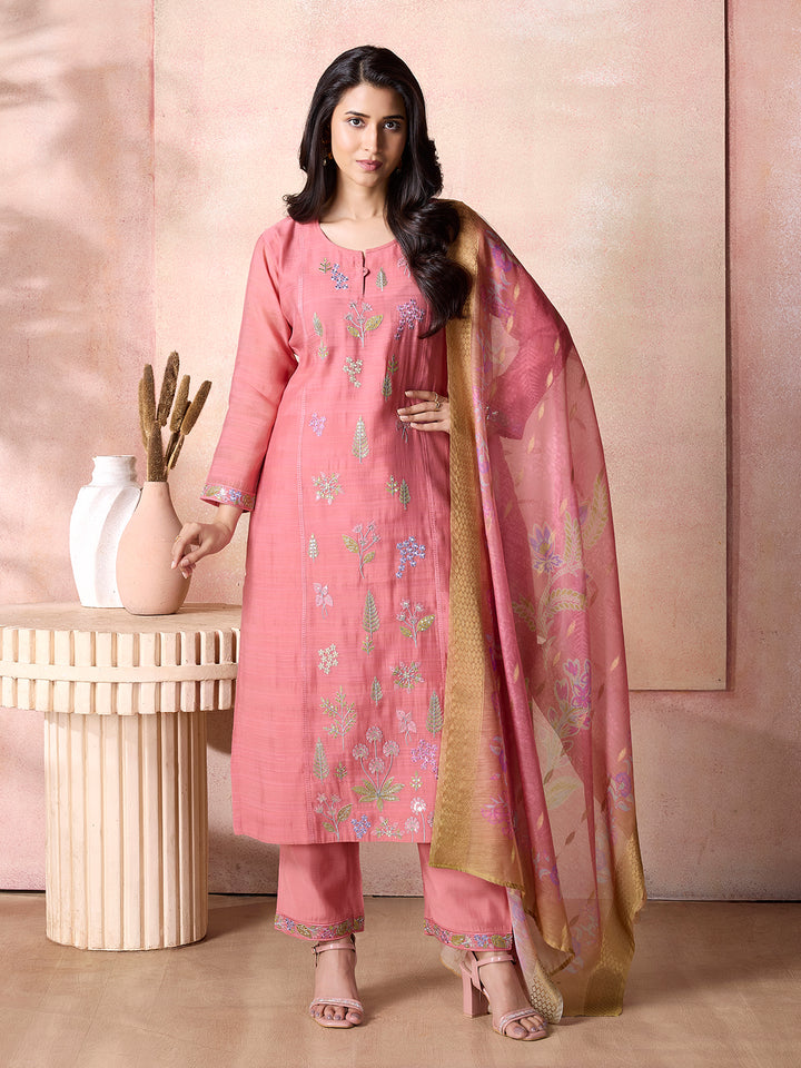 Rose Pink Semi-Silk Suit Set with Dupatta