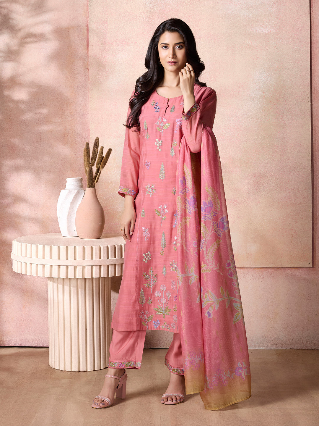 Rose Pink Semi-Silk Suit Set with Dupatta