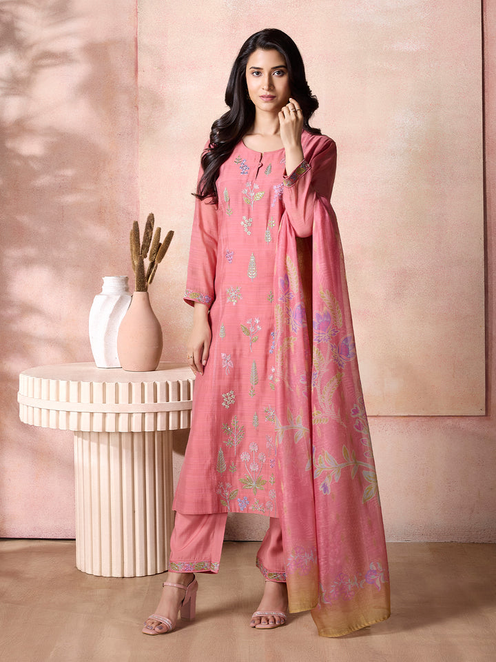 Rose Pink Semi-Silk Suit Set with Dupatta