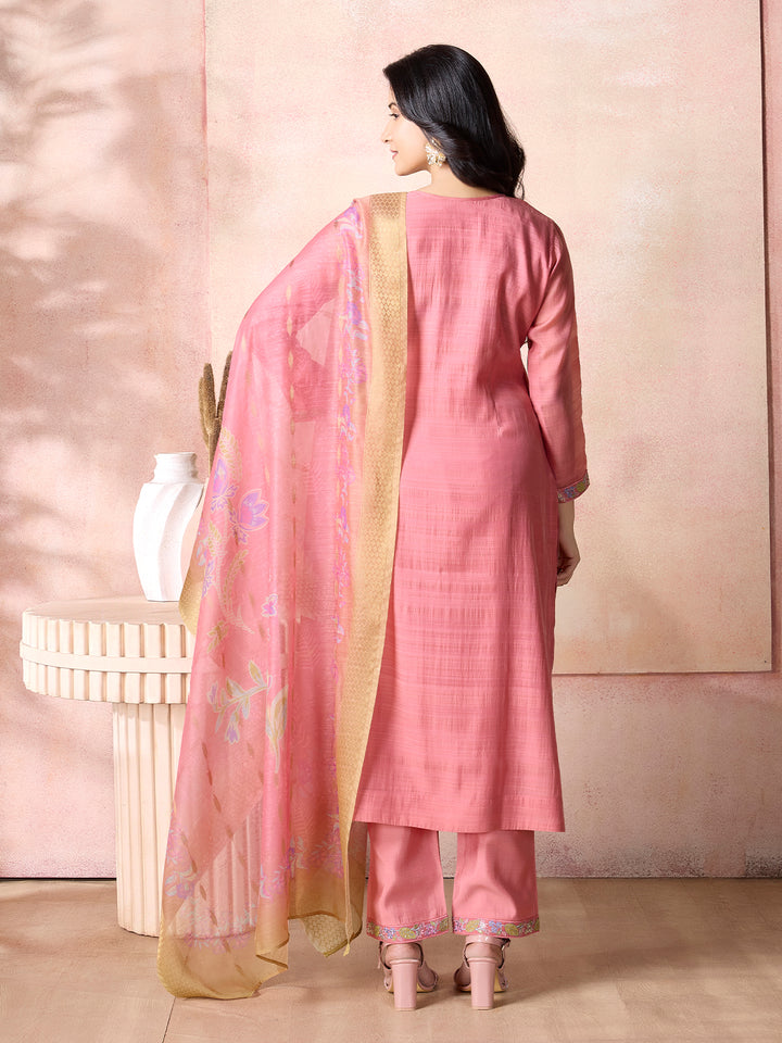 Rose Pink Semi-Silk Suit Set with Dupatta