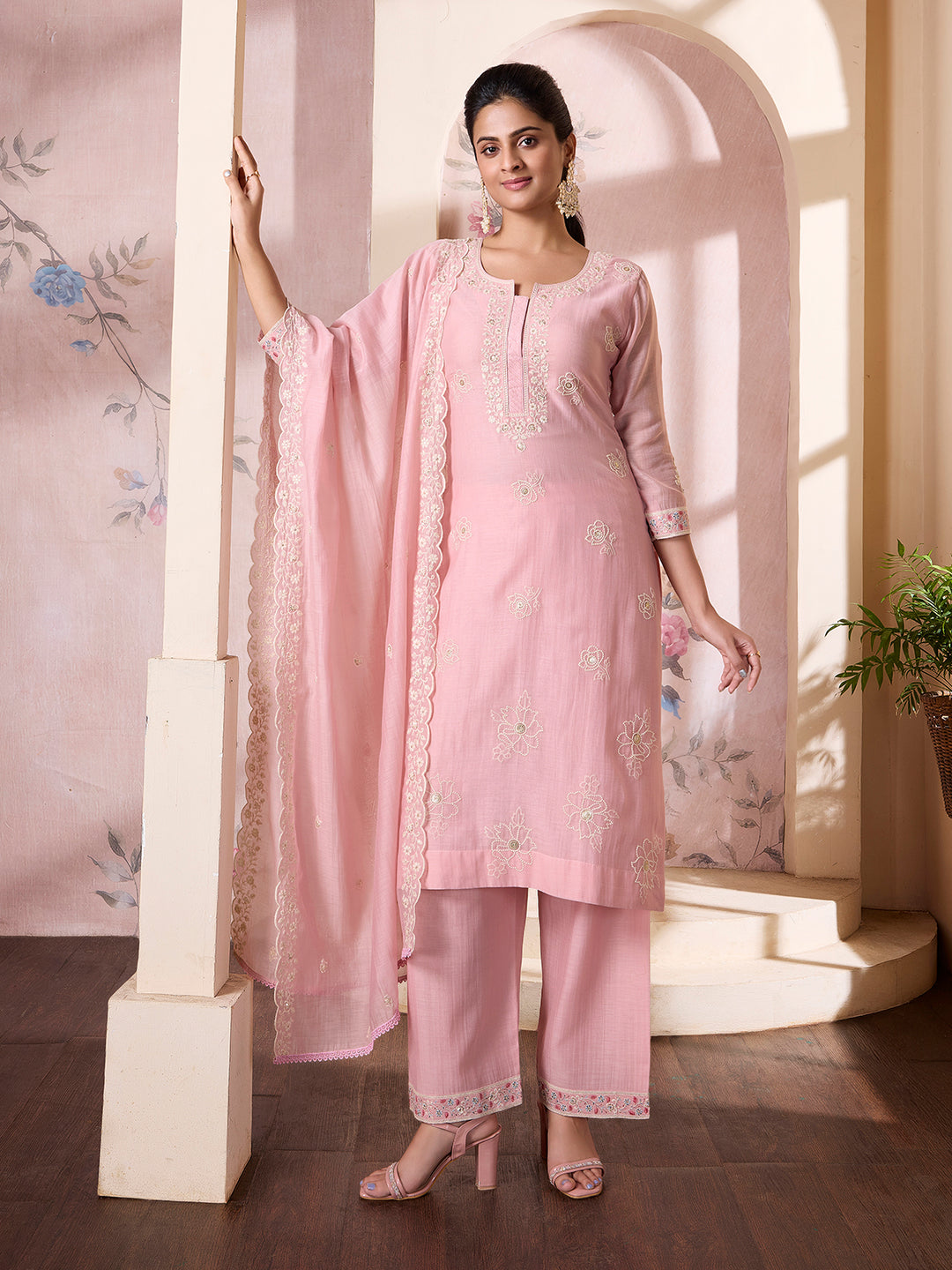 Blush Pink Mul Chanderi Suit Set with Dupatta