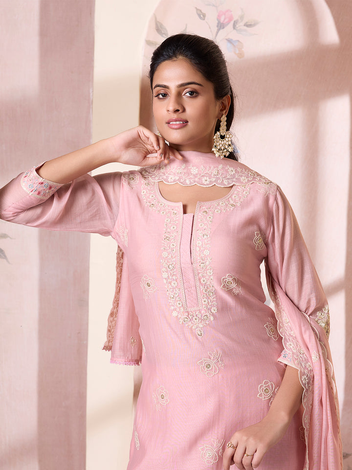Blush Pink Mul Chanderi Suit Set with Dupatta