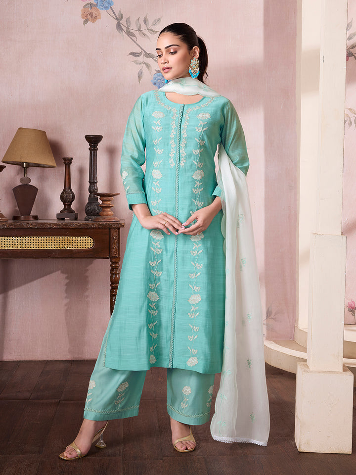Turquoise Semi Silk Suit Set with Dupatta