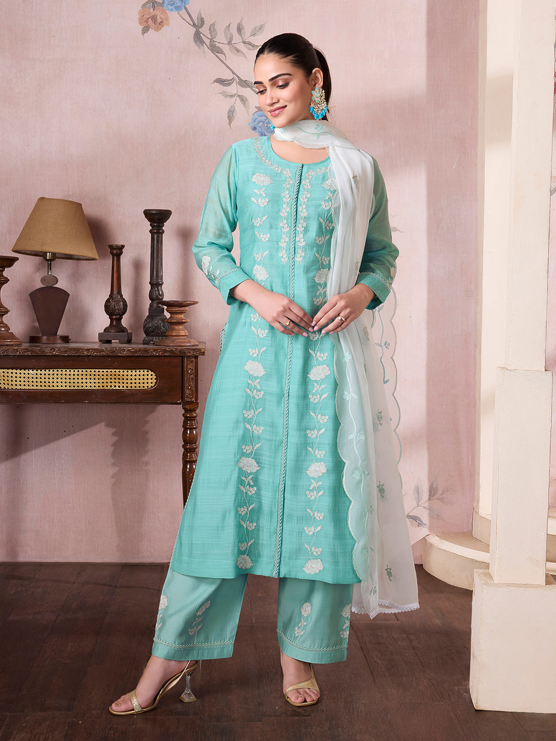 Turquoise Semi Silk Suit Set with Dupatta