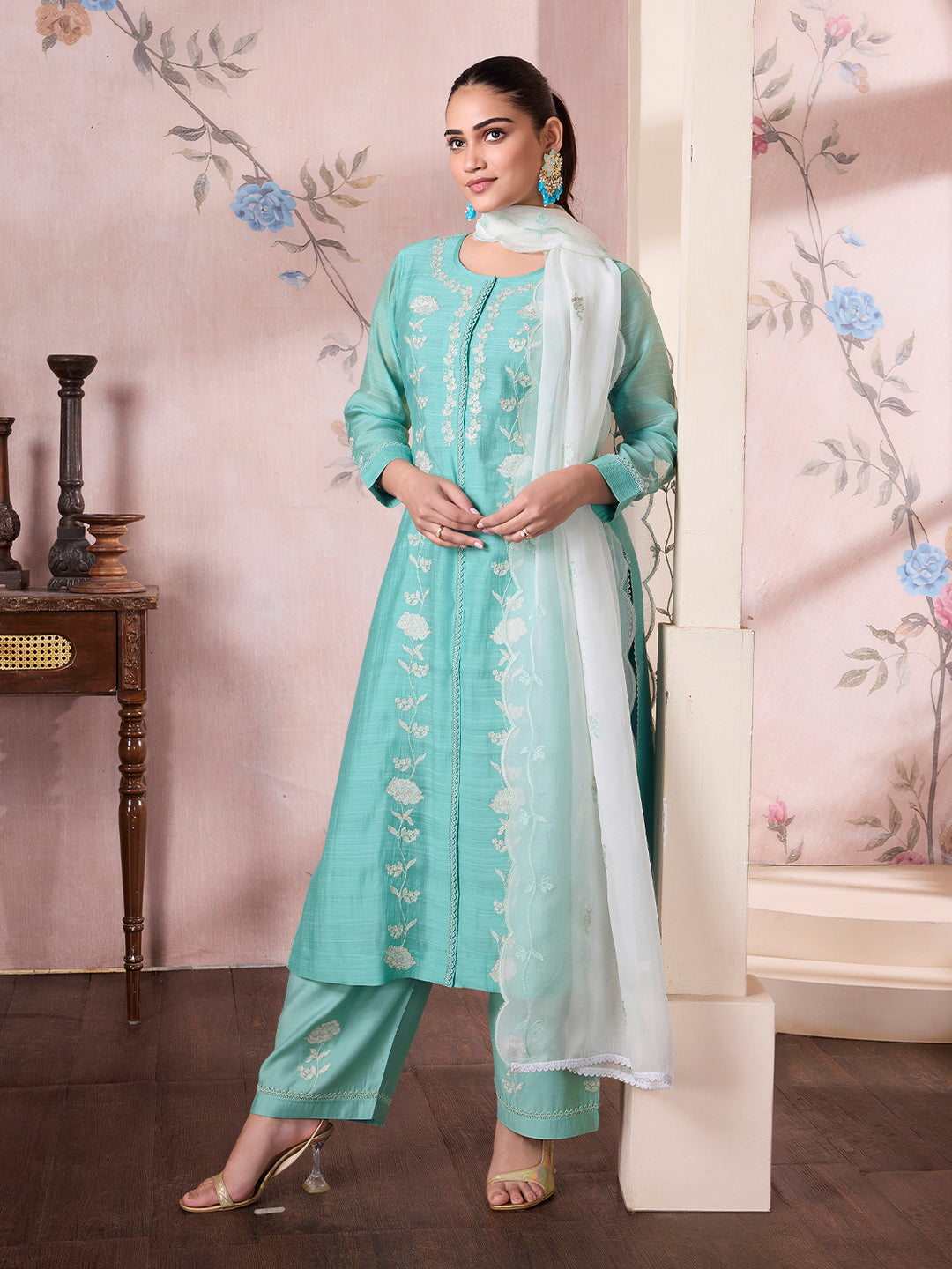 Turquoise Semi Silk Suit Set with Dupatta